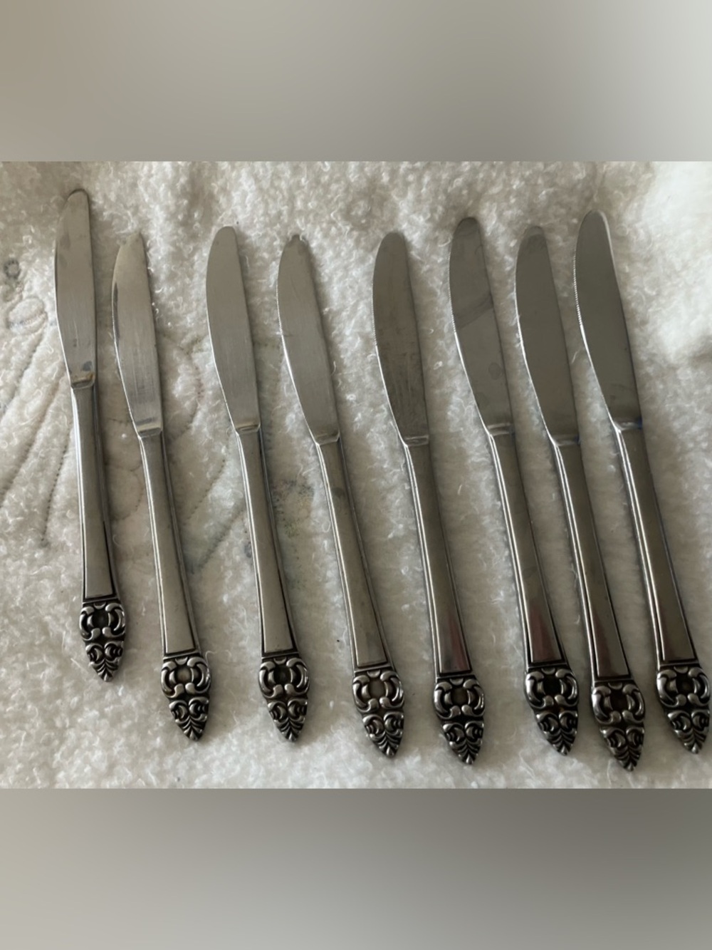 Vintage Erika pattern 8 ornate dinner knives marked  stainless Japan quality